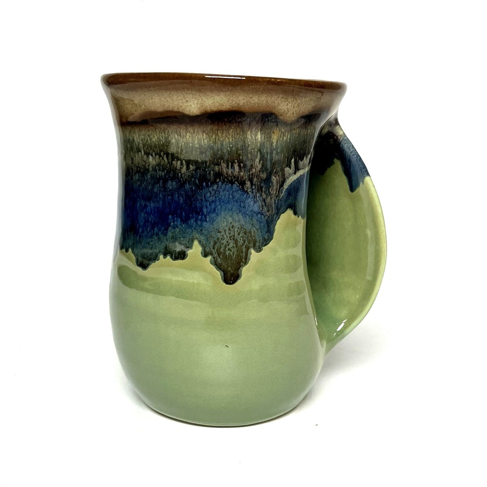 Handmade Coffee Cup Mug Drip Glaze Pottery Neher 2018‎ Right Hand Green Blue